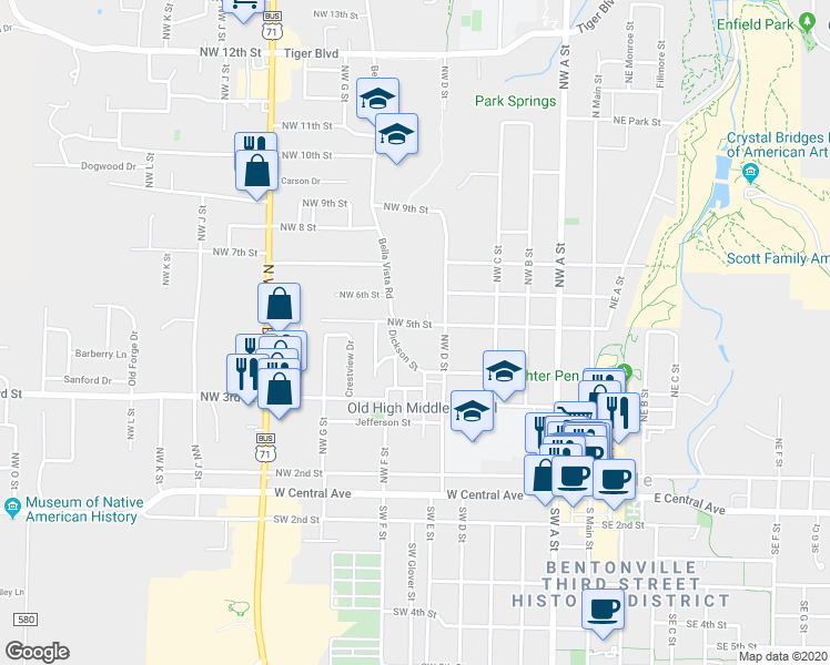 map of restaurants, bars, coffee shops, grocery stores, and more near 507 Northwest 5th Street in Bentonville