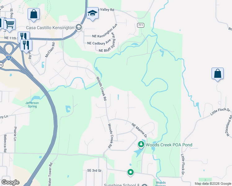 map of restaurants, bars, coffee shops, grocery stores, and more near 706 Northeast Saddle Ridge Road in Bentonville