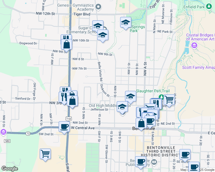 map of restaurants, bars, coffee shops, grocery stores, and more near 507 Northwest 5th Street in Bentonville