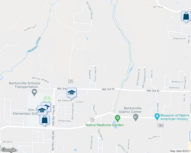 map of restaurants, bars, coffee shops, grocery stores, and more near 305 Cross Creek Drive in Bentonville
