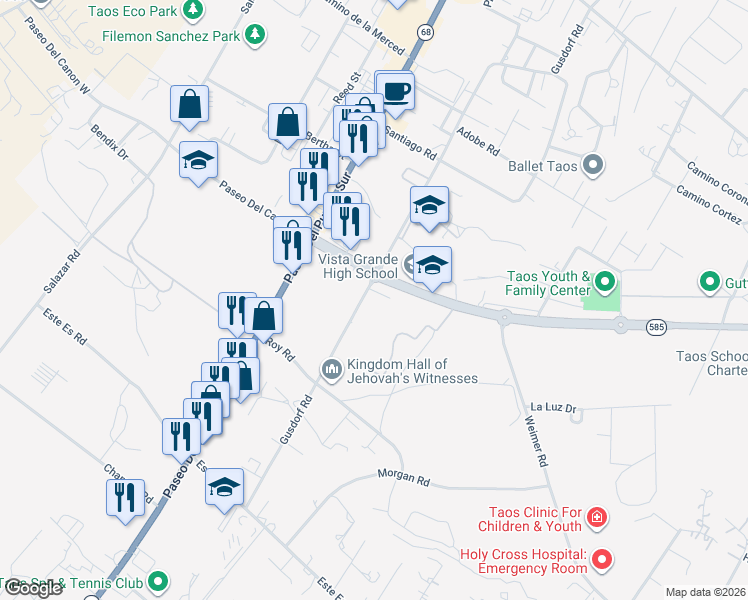 map of restaurants, bars, coffee shops, grocery stores, and more near 1213 Gusdorf Road in Taos