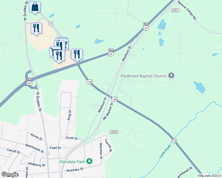 map of restaurants, bars, coffee shops, grocery stores, and more near 501 Madison Street in Reidsville