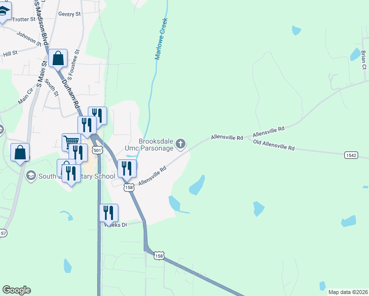 map of restaurants, bars, coffee shops, grocery stores, and more near 1542 Allensville Road in Roxboro