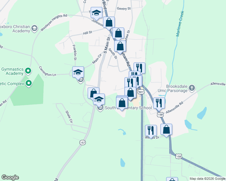 map of restaurants, bars, coffee shops, grocery stores, and more near 198 Garrett Street in Roxboro