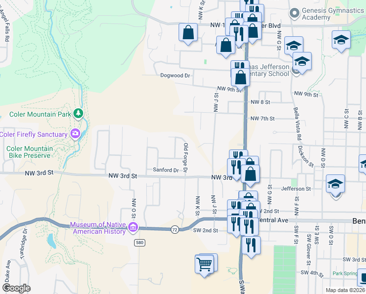 map of restaurants, bars, coffee shops, grocery stores, and more near 501 Old Forge Drive in Bentonville