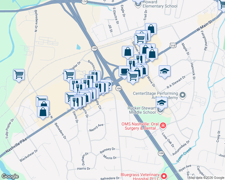 map of restaurants, bars, coffee shops, grocery stores, and more near 909 Nashville Pike in Gallatin