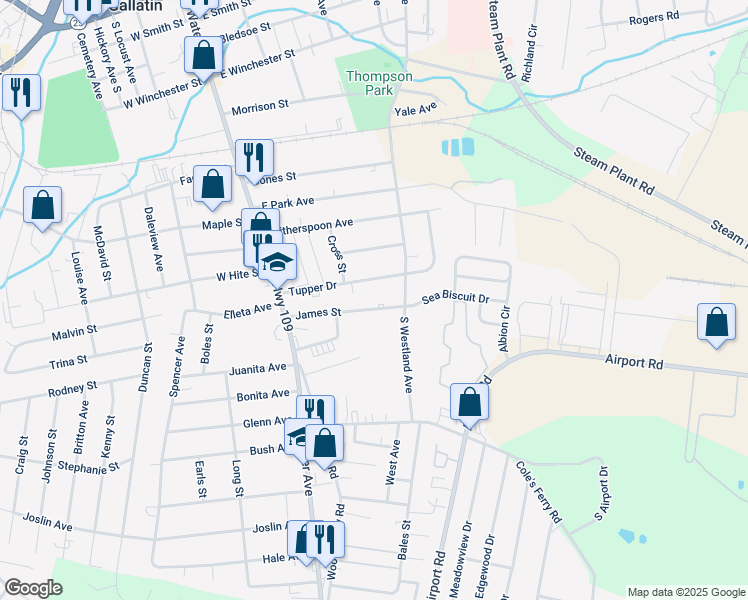 map of restaurants, bars, coffee shops, grocery stores, and more near 188 Tupper Drive in Gallatin