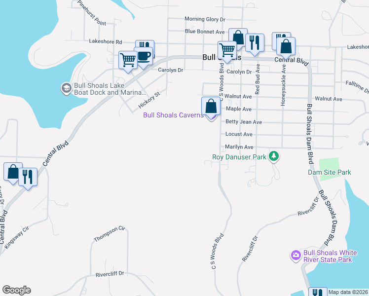map of restaurants, bars, coffee shops, grocery stores, and more near 805 Hillcrest Street in Bull Shoals