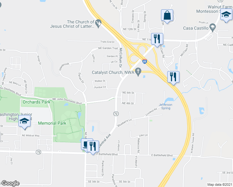 map of restaurants, bars, coffee shops, grocery stores, and more near 500 East Central Avenue in Bentonville