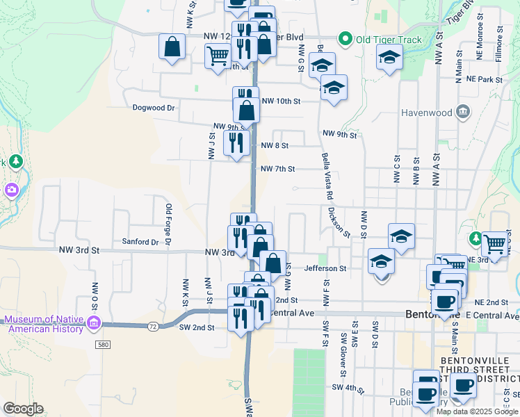 map of restaurants, bars, coffee shops, grocery stores, and more near 408 North Walton Boulevard in Bentonville