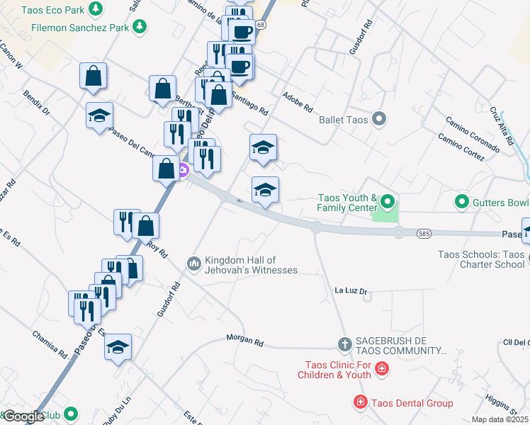 map of restaurants, bars, coffee shops, grocery stores, and more near 213 Pso Del Cañon East in Taos