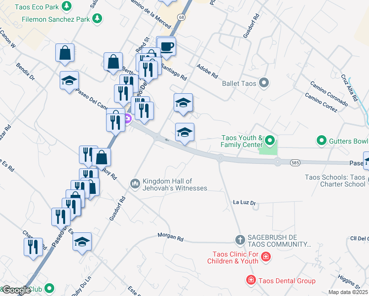 map of restaurants, bars, coffee shops, grocery stores, and more near 213 Pso Del Cañon East in Taos