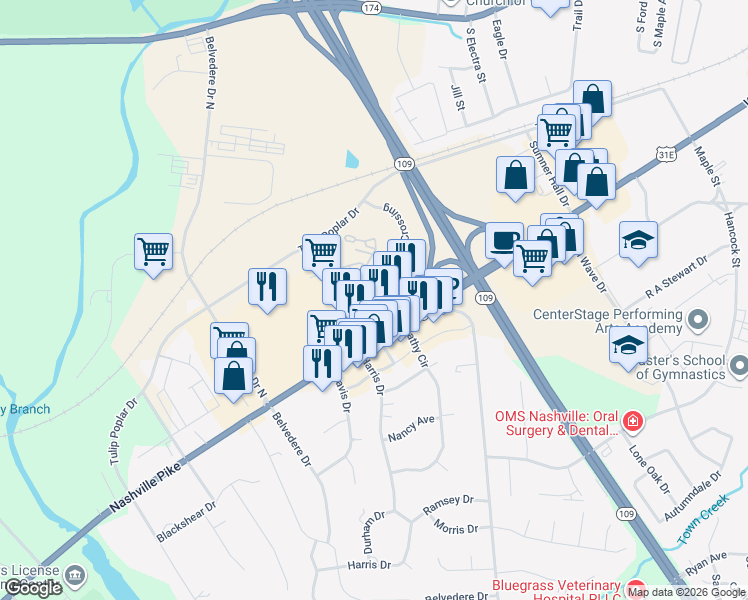 map of restaurants, bars, coffee shops, grocery stores, and more near 1008 Village Green Crossing in Gallatin