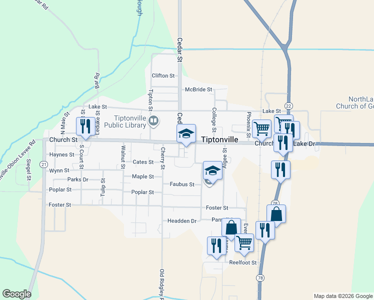 map of restaurants, bars, coffee shops, grocery stores, and more near 819 Church Street in Tiptonville