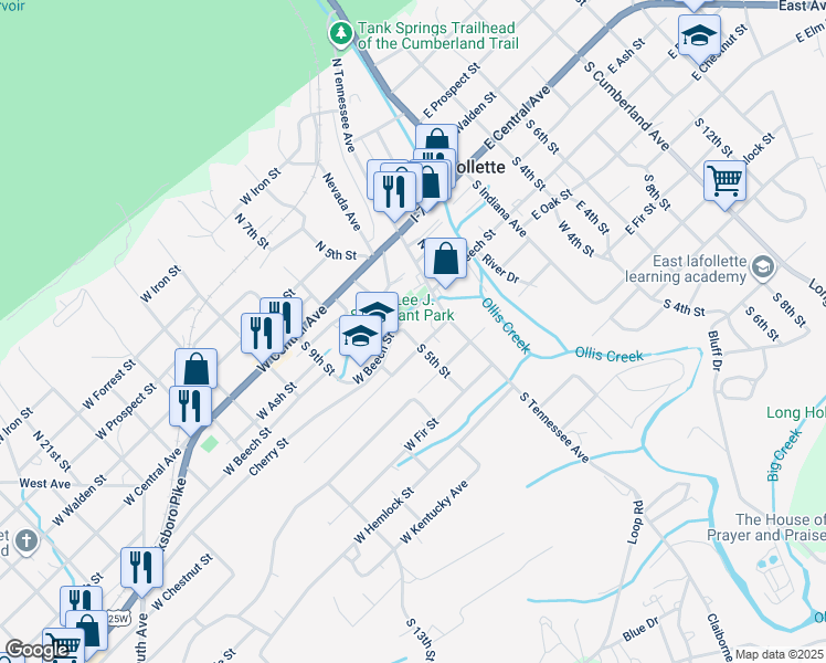 map of restaurants, bars, coffee shops, grocery stores, and more near 303 South 5th Street in LaFollette