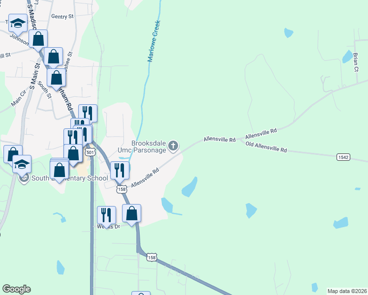 map of restaurants, bars, coffee shops, grocery stores, and more near 1542 Allensville Road in Roxboro