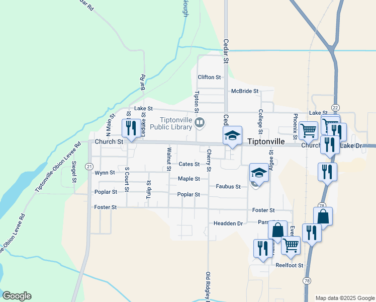 map of restaurants, bars, coffee shops, grocery stores, and more near in Tiptonville