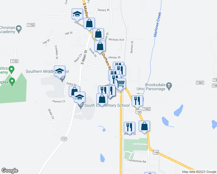 map of restaurants, bars, coffee shops, grocery stores, and more near 311 Garrett Street in Roxboro