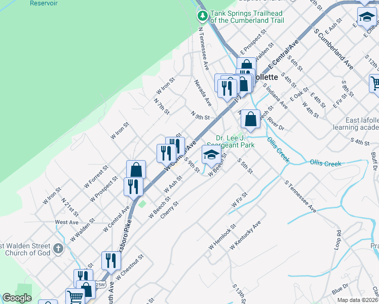map of restaurants, bars, coffee shops, grocery stores, and more near 311 West Central Avenue in LaFollette