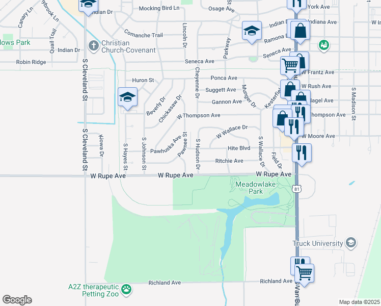 map of restaurants, bars, coffee shops, grocery stores, and more near 1605 Hite Blvd in Enid