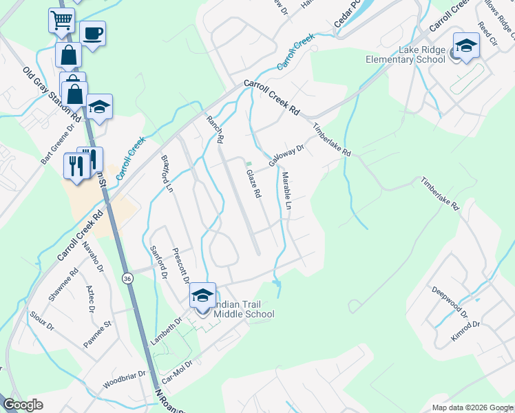 map of restaurants, bars, coffee shops, grocery stores, and more near 4103 Glaze Road in Johnson City