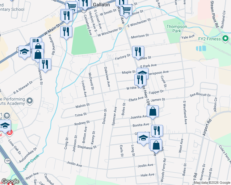 map of restaurants, bars, coffee shops, grocery stores, and more near 215 West Hite Street in Gallatin