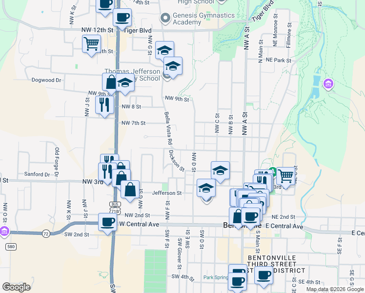 map of restaurants, bars, coffee shops, grocery stores, and more near 500 Hook Street in Bentonville