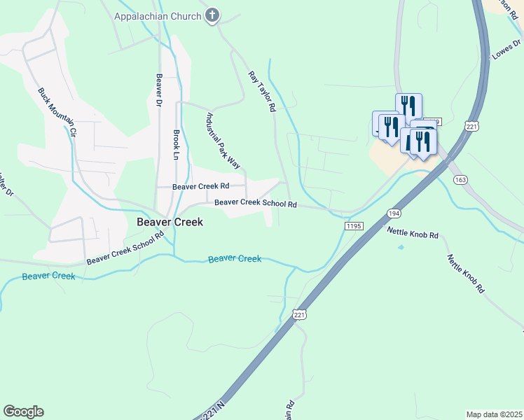 map of restaurants, bars, coffee shops, grocery stores, and more near 581 Beaver Creek School Road in West Jefferson