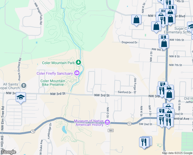 map of restaurants, bars, coffee shops, grocery stores, and more near 406 Northwest Saddlebrook Drive in Bentonville