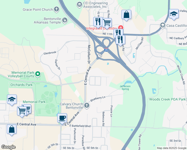 map of restaurants, bars, coffee shops, grocery stores, and more near 2905 Northeast 6th Street in Bentonville