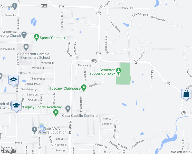 map of restaurants, bars, coffee shops, grocery stores, and more near 1340 Tuscany Drive in Centerton