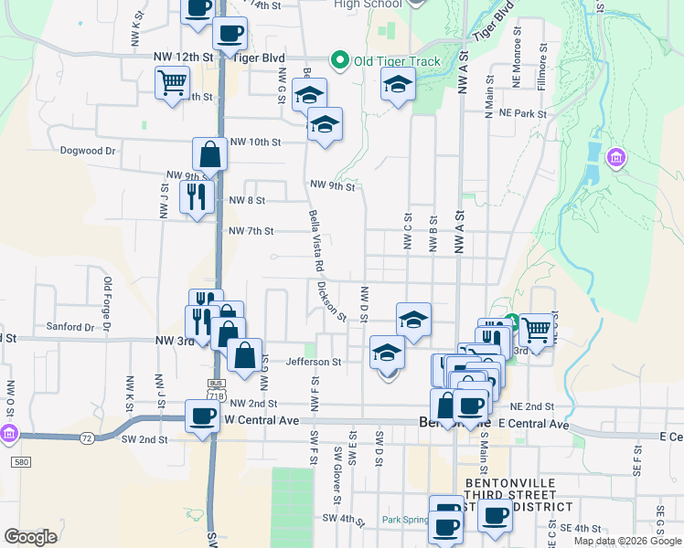 map of restaurants, bars, coffee shops, grocery stores, and more near 500 Hook Street in Bentonville