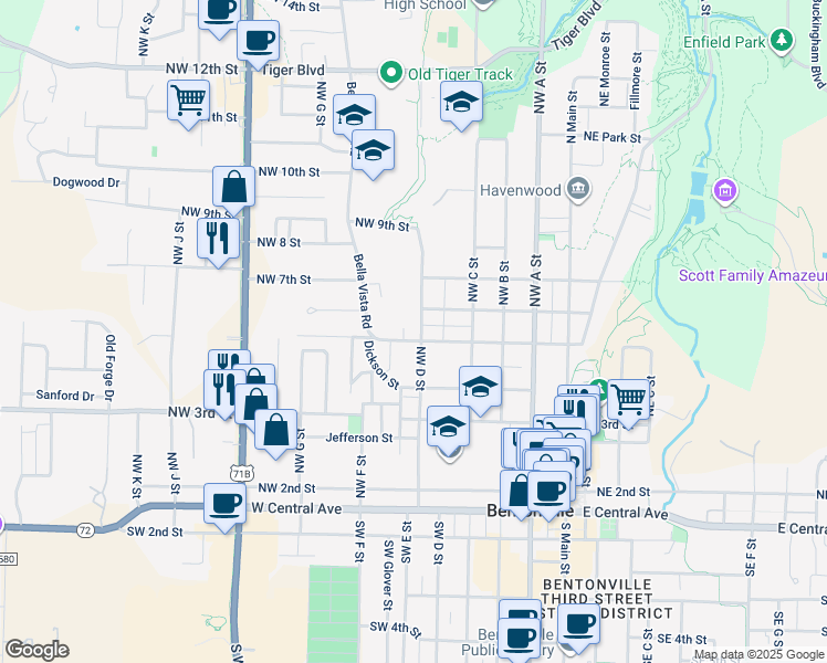 map of restaurants, bars, coffee shops, grocery stores, and more near 500 Hook Street in Bentonville