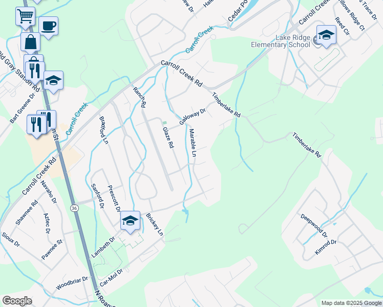 map of restaurants, bars, coffee shops, grocery stores, and more near 4019 Marable Lane in Johnson City