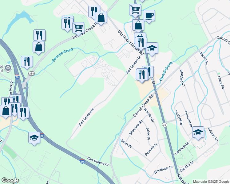 map of restaurants, bars, coffee shops, grocery stores, and more near 188 Bart Greene Drive in Johnson City