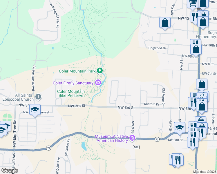 map of restaurants, bars, coffee shops, grocery stores, and more near 409 NW Palomino St in Bentonville