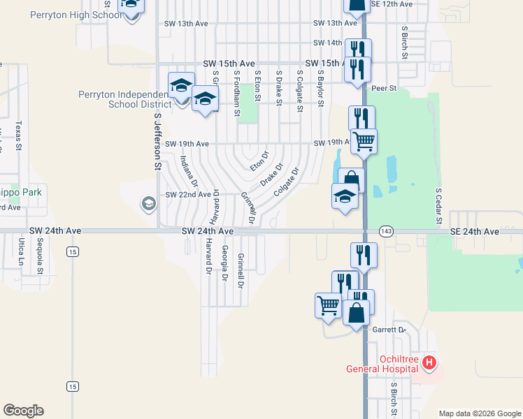 map of restaurants, bars, coffee shops, grocery stores, and more near 2129 Colgate Drive in Perryton