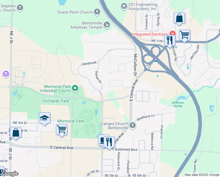 map of restaurants, bars, coffee shops, grocery stores, and more near 2509 Purdue Circle in Bentonville