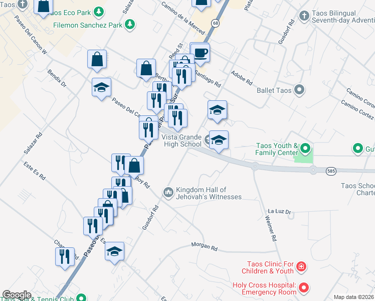 map of restaurants, bars, coffee shops, grocery stores, and more near 1203 Gusdorf Road in Taos