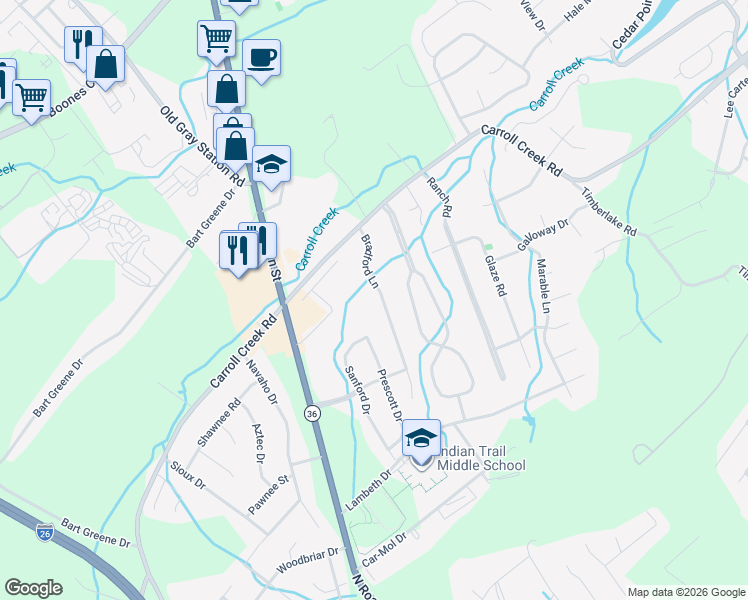 map of restaurants, bars, coffee shops, grocery stores, and more near 4123 Bradford Ln in Johnson City