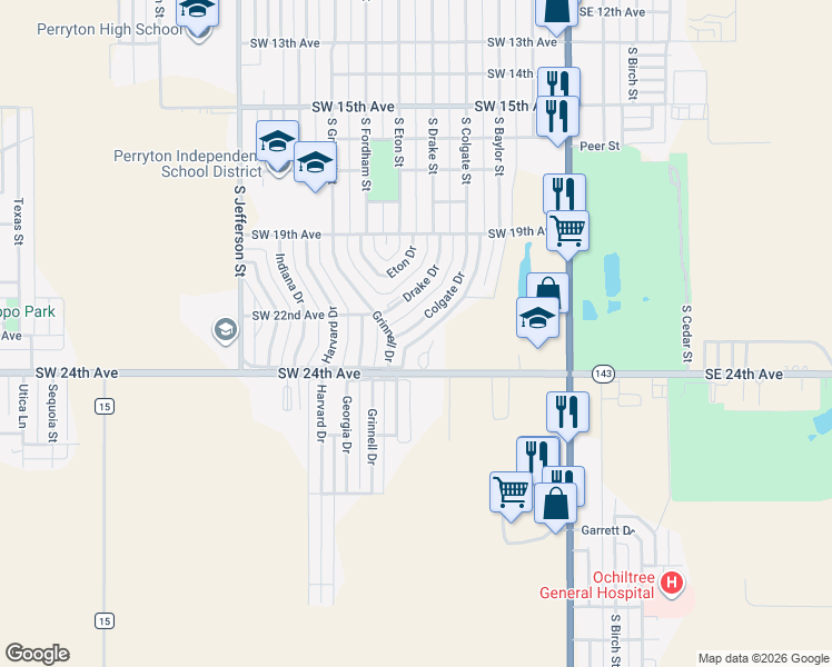 map of restaurants, bars, coffee shops, grocery stores, and more near 2129-2199 Colgate Drive in Perryton
