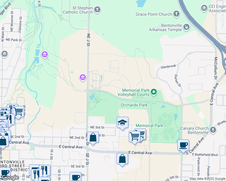 map of restaurants, bars, coffee shops, grocery stores, and more near Northeast John Deshields Boulevard in Bentonville