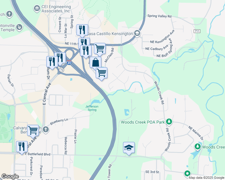 map of restaurants, bars, coffee shops, grocery stores, and more near 4 Churchwell Court in Bentonville