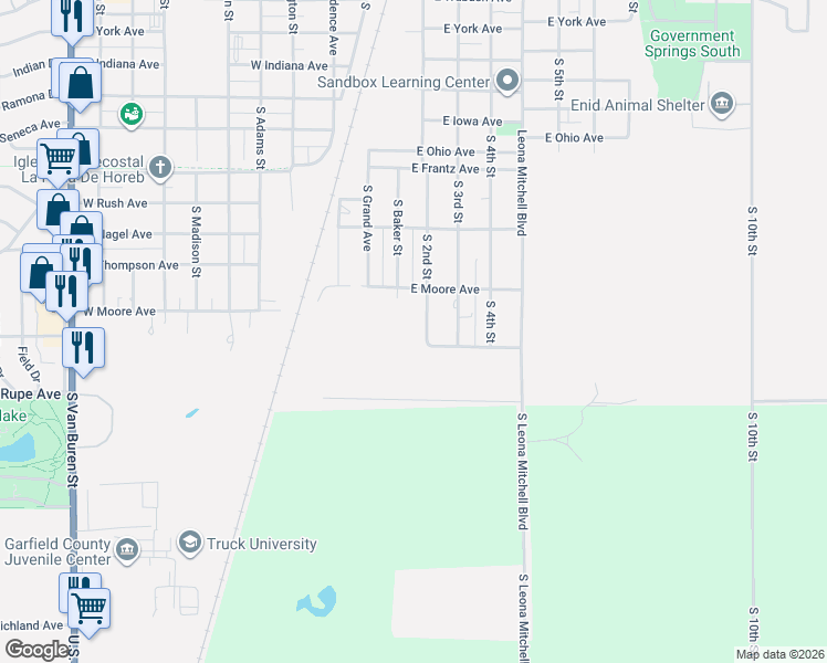 map of restaurants, bars, coffee shops, grocery stores, and more near 1810 South 2nd Street in Enid