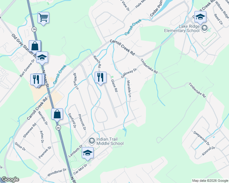 map of restaurants, bars, coffee shops, grocery stores, and more near 4103 Glaze Road in Johnson City