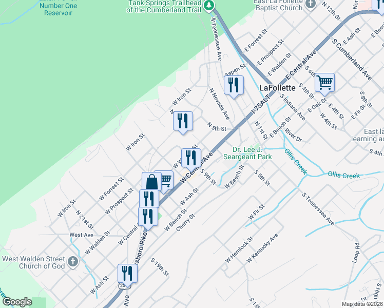 map of restaurants, bars, coffee shops, grocery stores, and more near 313 West Walden Street in LaFollette