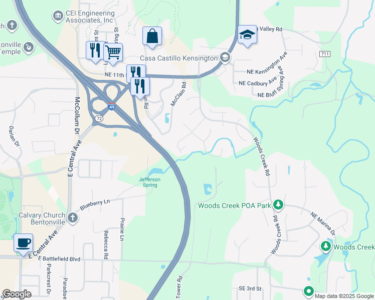 map of restaurants, bars, coffee shops, grocery stores, and more near 4 Churchwell Court in Bentonville