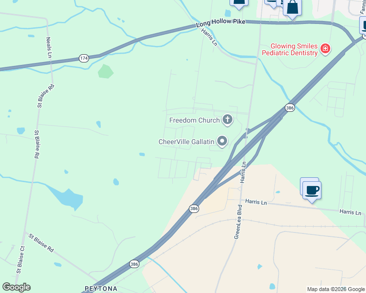 map of restaurants, bars, coffee shops, grocery stores, and more near 1525 Green Lea Boulevard in Gallatin