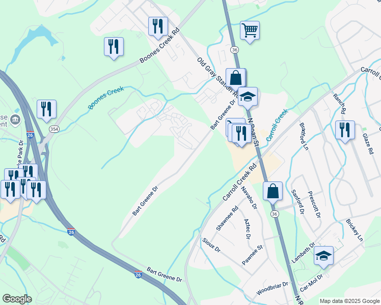 map of restaurants, bars, coffee shops, grocery stores, and more near 188 Bart Greene Drive in Johnson City