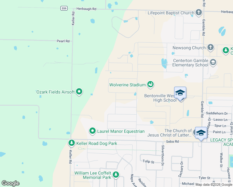 map of restaurants, bars, coffee shops, grocery stores, and more near 1530 Eureka Road in Centerton